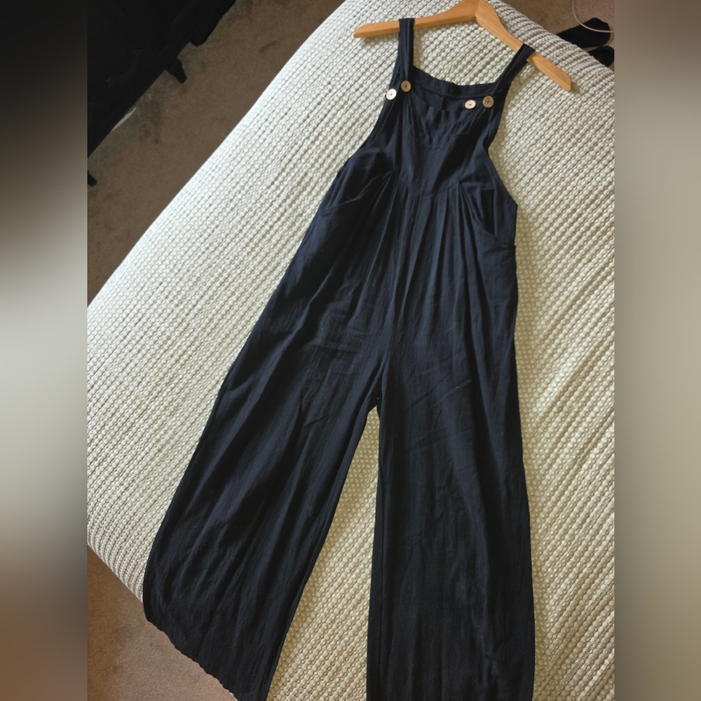Black Wide Leg Cotton Blend Overall Jumper Size Medium